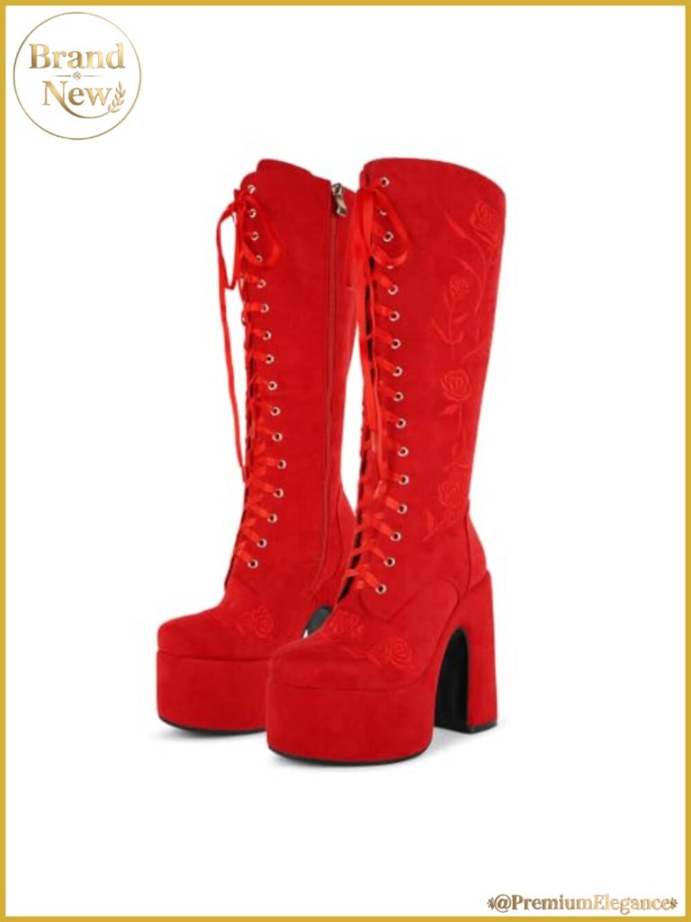 Faux Suede Embroidered Platform Boots Lace Up Knee High Chunky Heel Vintage